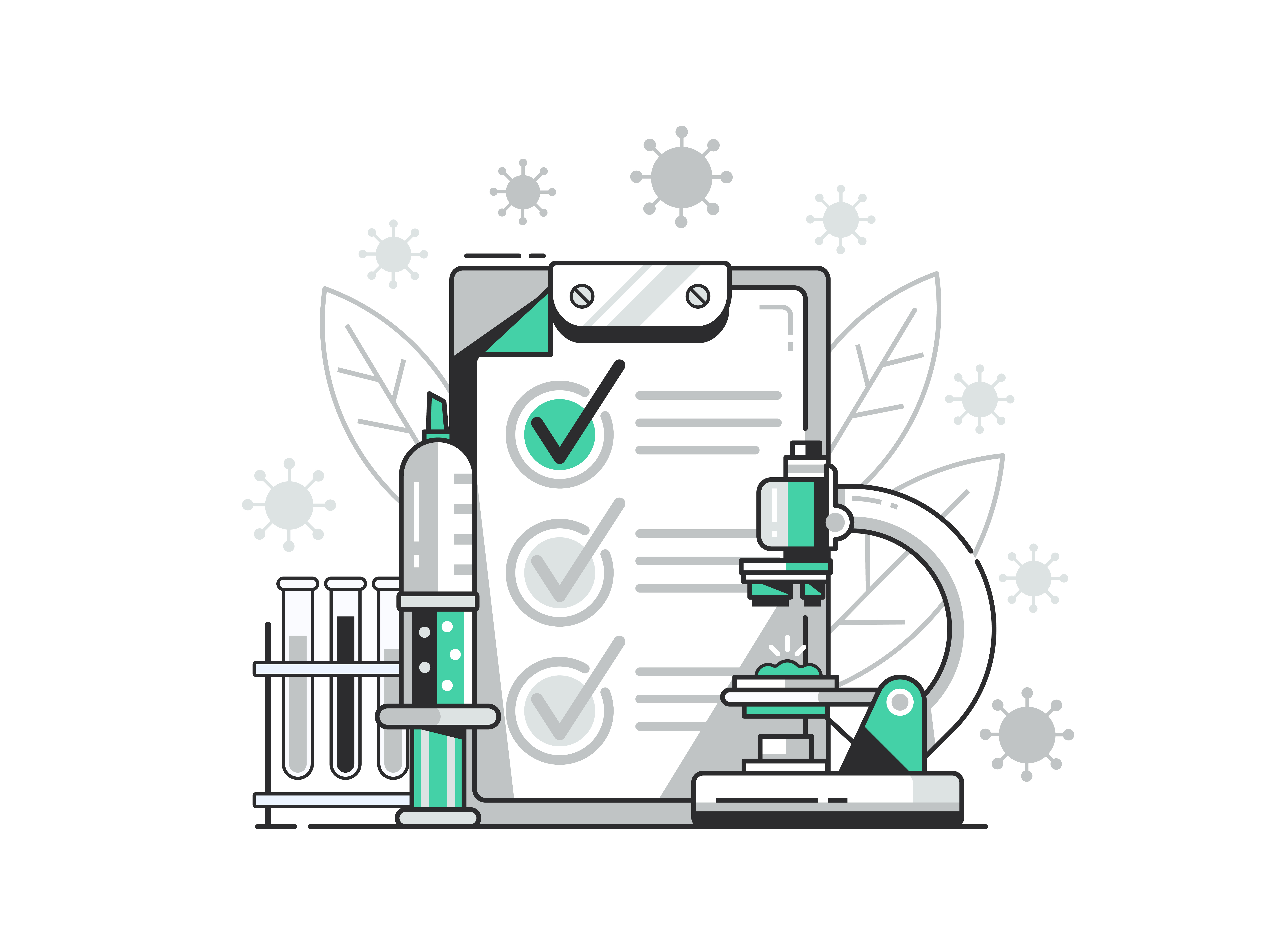 Virus positive test illustration. Bacteriological laboratory testing concept with microscope, injection and preparations. Blood medical analysis scene with test blank and viruses in line flat design.